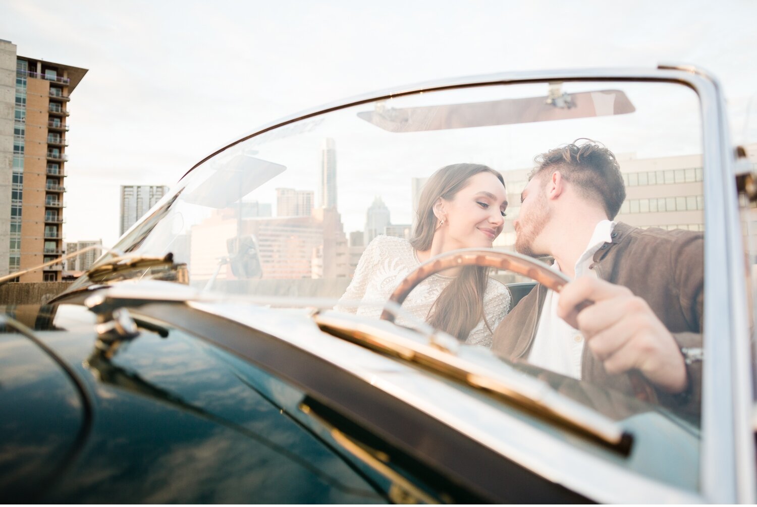 London + Christian Downtown Austin Rooftop Classic Car Engagement Session_0033.jpg