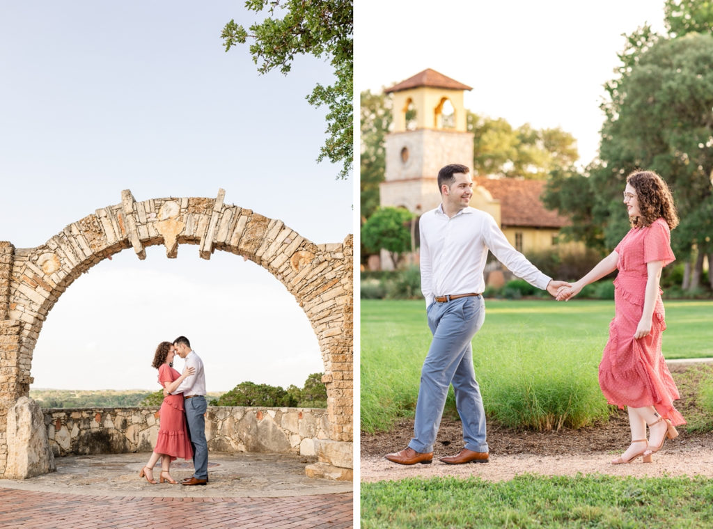 A collage of an engagement session  at Camp Lucy, one of the top austin wedding venues. 