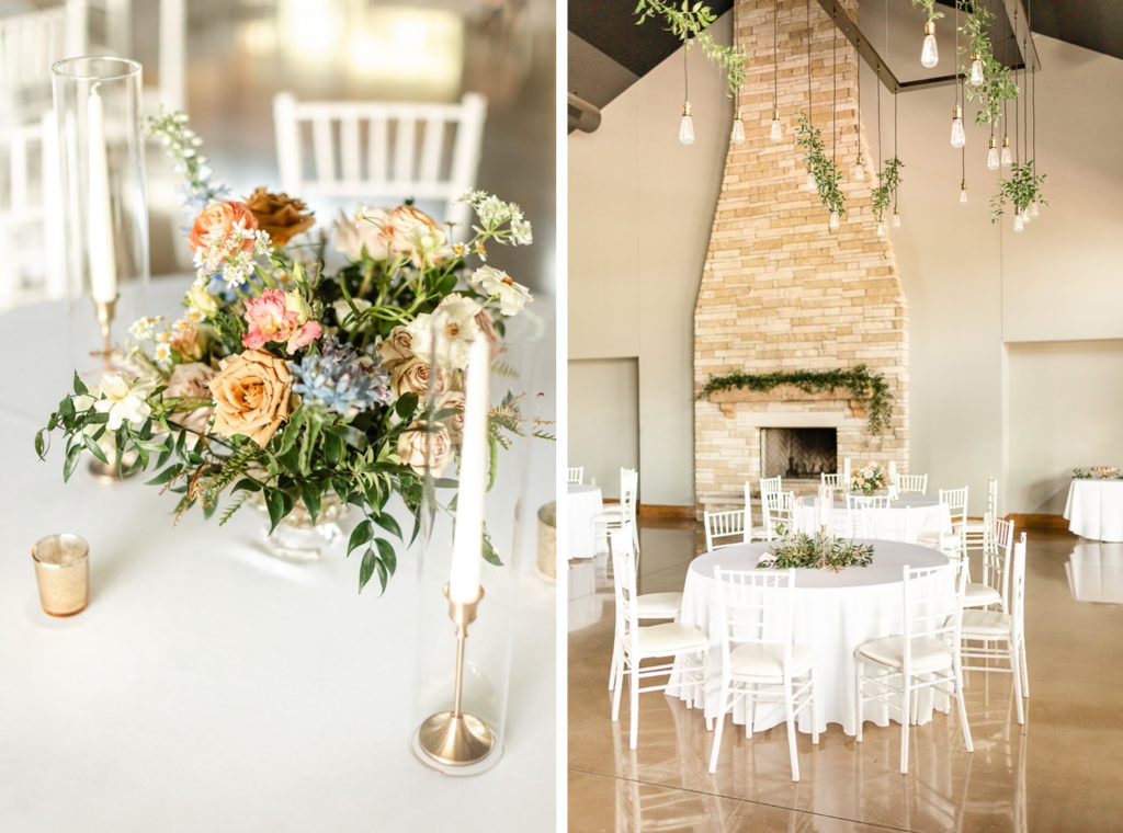 A collage of reception centerpieces and tables at Canyonwood Ridge, one of the best austin wedding venues. 