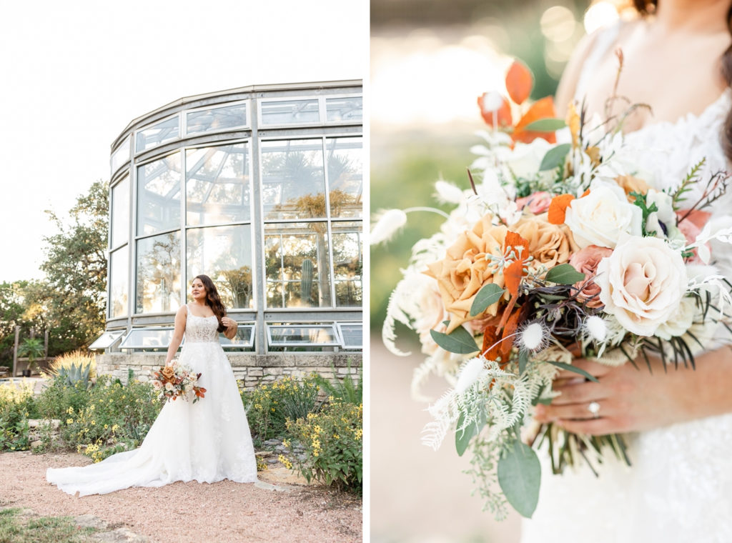 A collage photo of a bride and her bouquet at the greenhouse at driftwood, one of the best austin wedding venues. 
