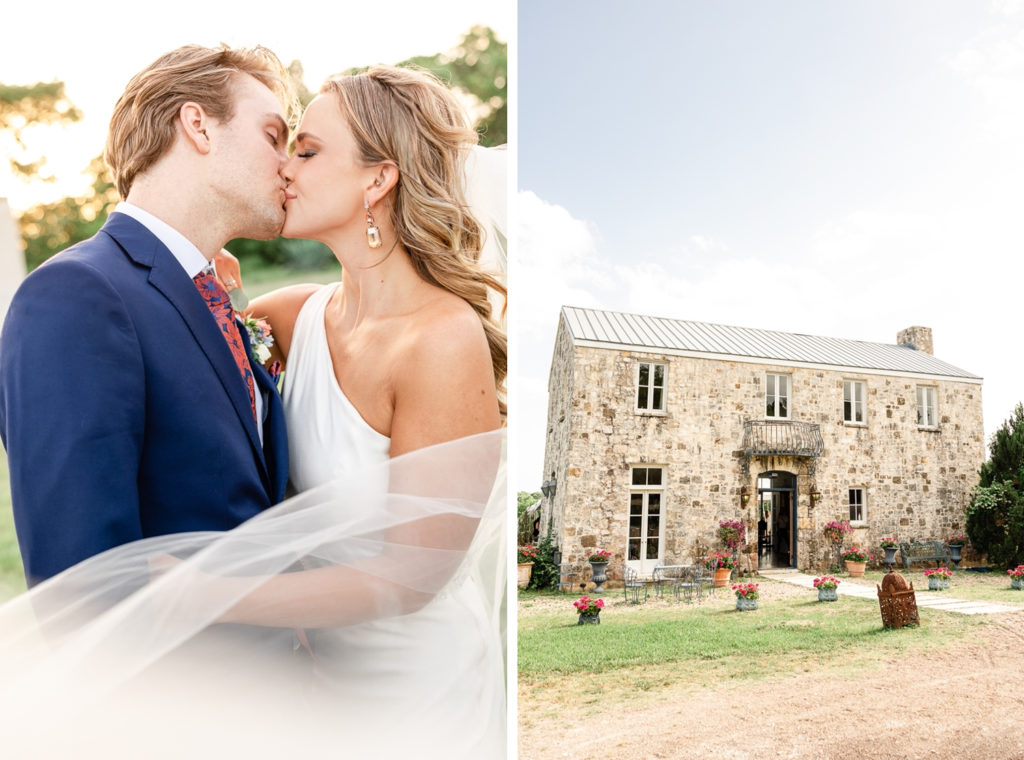 A collage of a bride and groom kissing at sunset and an exterior shot of Le San Michele, one of the top austin wedding venues. 