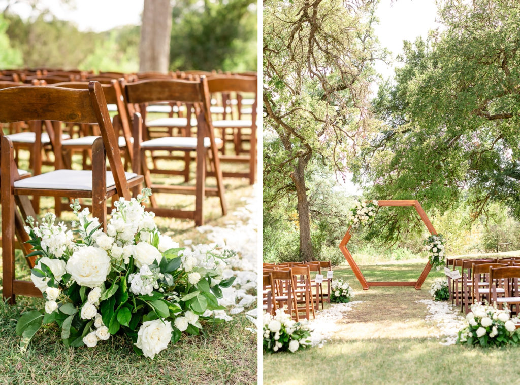 A college of ceremony floral and ceremony arch at Pecan Springs Ranch, one of the best Austin wedding venues.