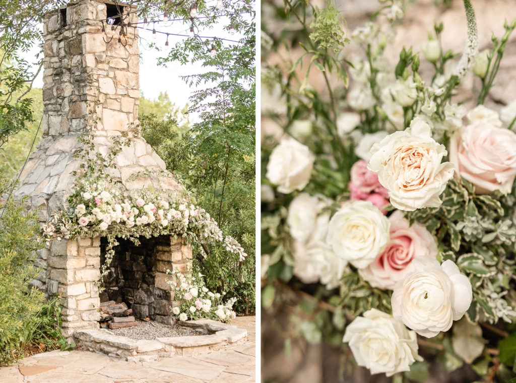 A collage of an antique fireplace decorated with flowers and a close up of those flowers at Pecan Springs Ranch, one of the best Austin wedding venues.