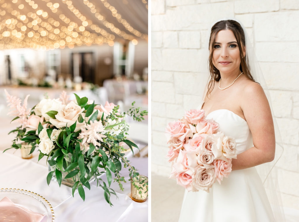 A centerpiece and a bridal portrait at Stonehouse Villa, one of the top austin wedding venues. 