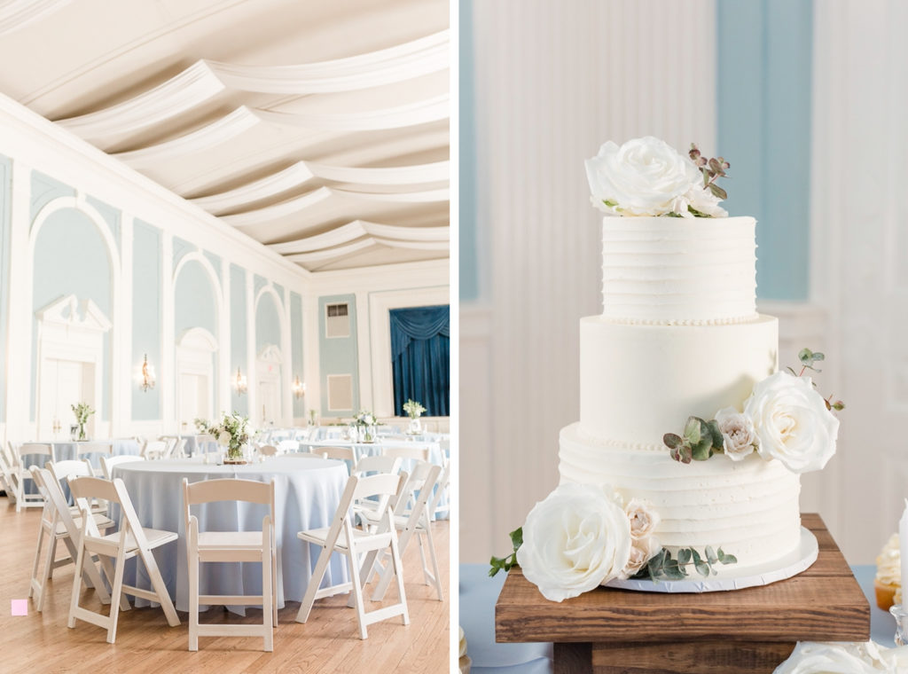 A collage of a beautiful indoor reception and a wedding cake at the Texas Federation of Women's Club (TFWC) Mansion, one of the best austin wedding venues. 