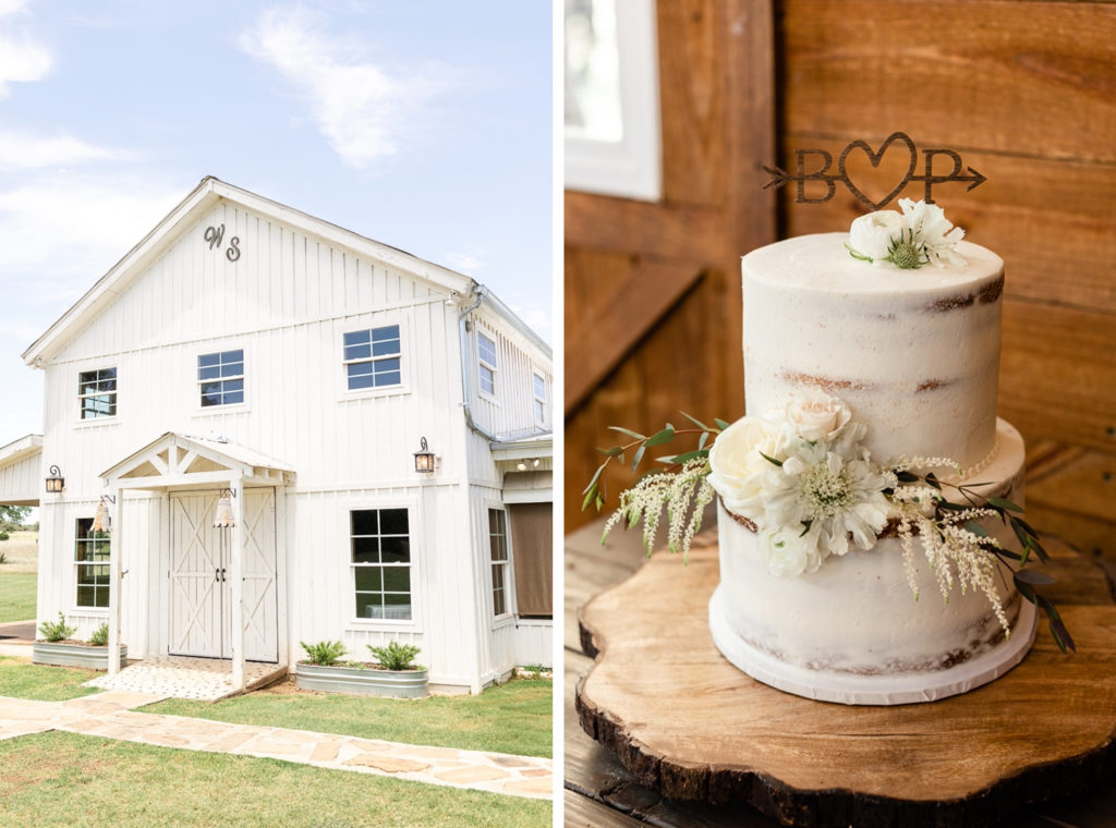 A college of the exterior of the Windsong barn at the Alexander at Creek Road, along with a wedding cake at the Alexander at Creek Road, one of the top austin wedding venues. 