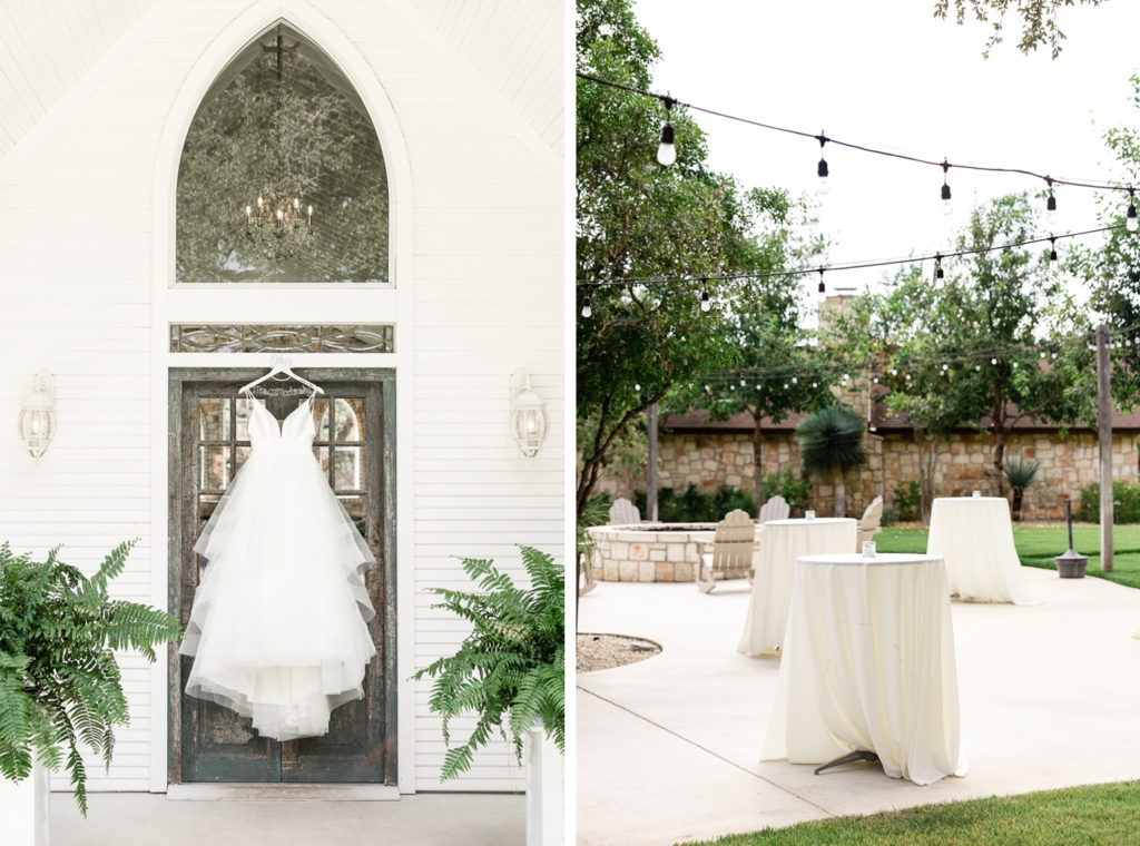 A collage of a wedding dress and cocktail hour set up at the Chandelier of Gruene, one of the best Austin wedding venues.