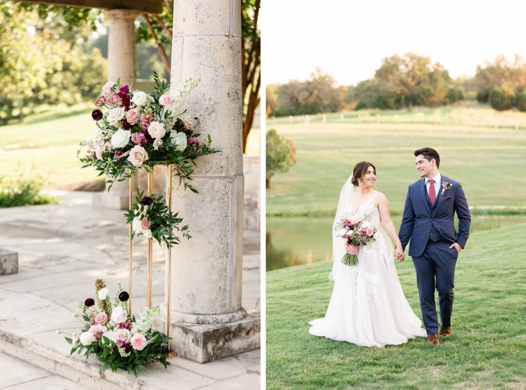 A collage of a ceremony floral arrangement and a bride and groom portrait at the Garey House, one of the best austin wedding venues. 