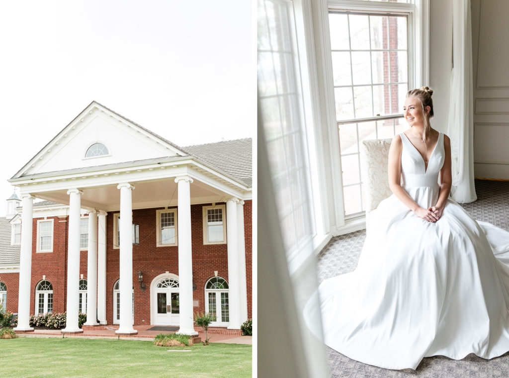 A collage of an exterior of the Mansion at Colovista along with a photo of a sitting, smiling bride at the Mansion of Colovista, one of the top Austin wedding venues. 