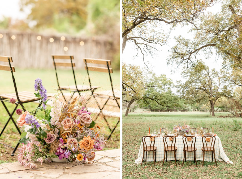 A collage of beautiful flowers and reception set up at the Waters Point, one of the best austin wedding venues. 