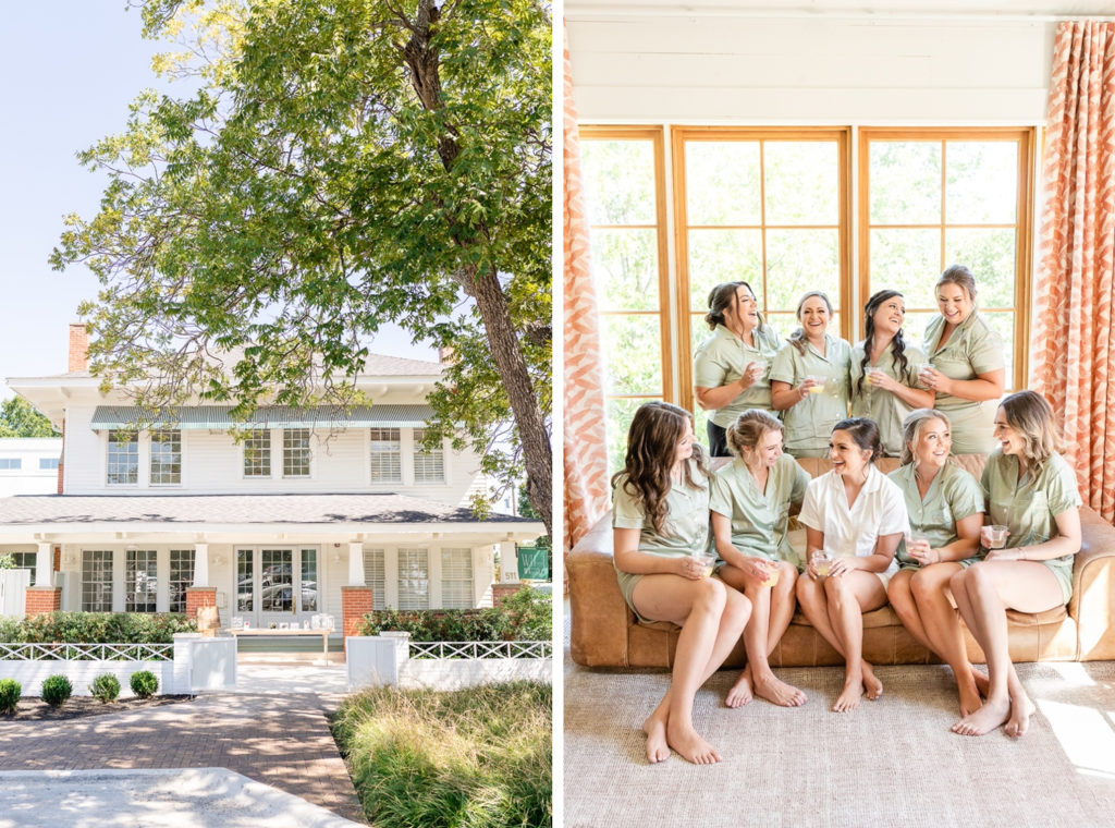 This image is made of two images. On the left, an exterior of Wish Well House, on the right a laughing bride with her bridesmaids at Wish Well House, one of the best austin wedding venues