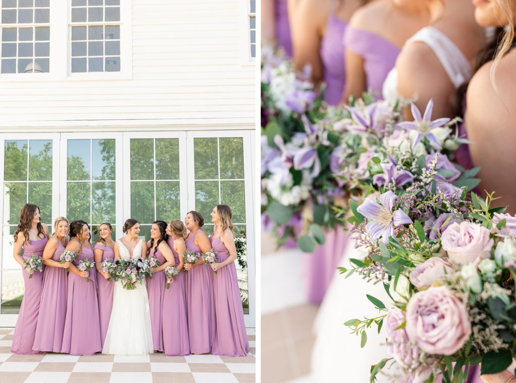 This is a collage of a bride with her bridesmaids and their bouquets at Wish Well House, one of the This image is made of two images. On the left, an exterior of Wish Well House, one of the best austin wedding venues