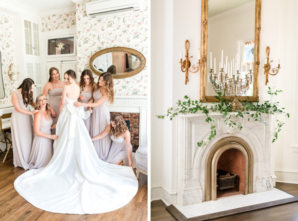 This image is made of two images. On the left, bridesmaids at woodbine mansion, on the right a decorated fireplace at woodbine mansion, one of the best austin wedding venues