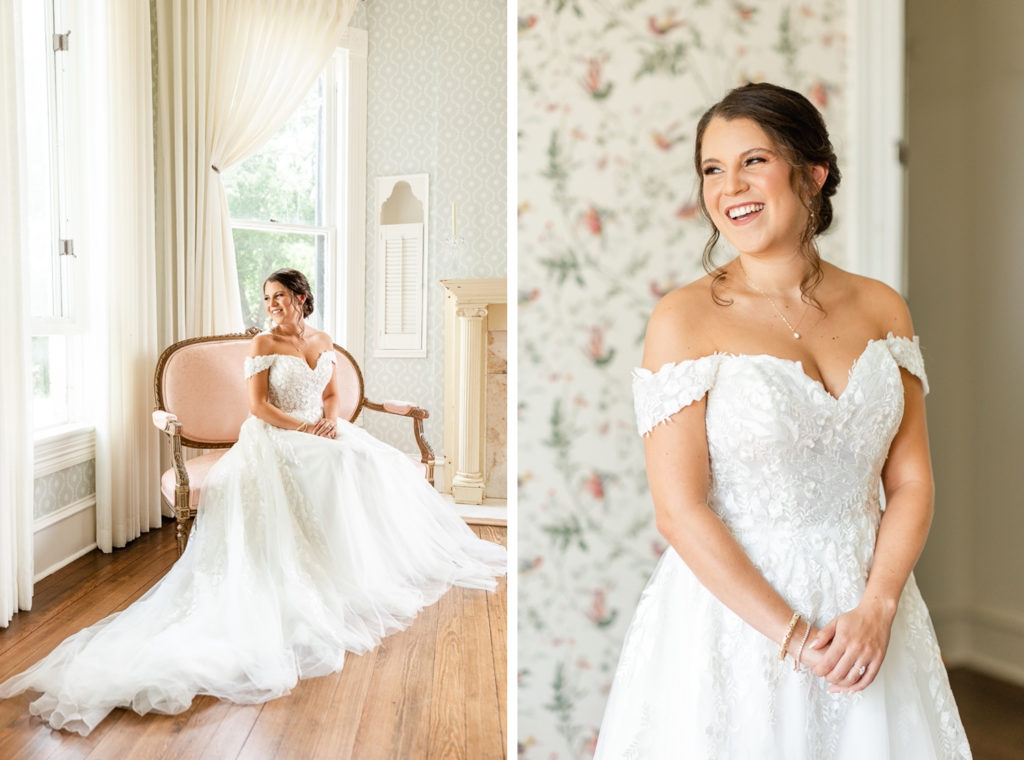 This image is made of two images. On the left, a bride at woodbine mansion, on the right a laughing bride at woodbine mansion, one of the best austin wedding venues